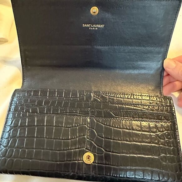 YSL dark navy crocodile embroidered leather long wallet - Picture 14 of 16